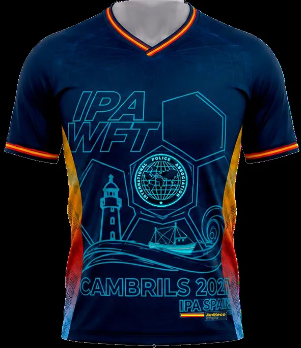 Samarreta commemorativa del torneig Cambrils 2027, blau marí amb l'escut IPA WFT